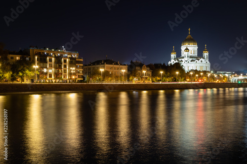 Cathedral of Christ the Saviour. Moscow city center night landscape view from red october factory. Russia,Moscow