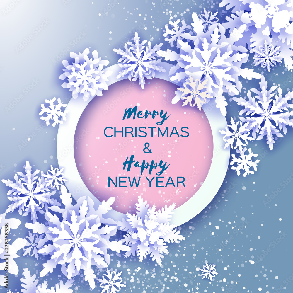 Merry Christmas and Happy New Year Greetings card. White Paper cut snowflakes. Origami Winter Decoration background. Seasonal holidays. Snowfall. Circle frame. Space for text. Blue.