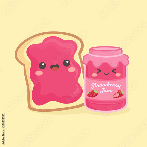 Cute Strawberry Jelly Jam Bottle Jar and Loaf Bread Sandwich Vector Illustration Cartoon Smile