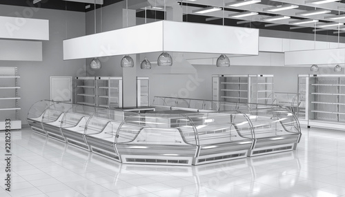 Canvas Print Section with refrigeration showcases in the supermarket