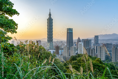 Panoramic view of the Taipei's city center during the sunset.