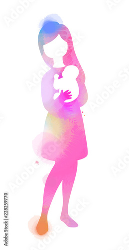 Double exposure illustration. Side view of Happy mom holding adorable child baby silhouette plus abstract water color painted. Mother's day. Digital art painting