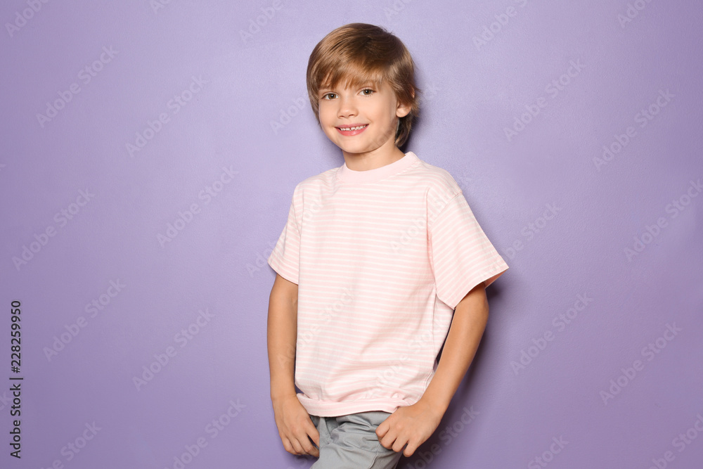 Little boy in t-shirt on color background Little boy in t-shirt on color background