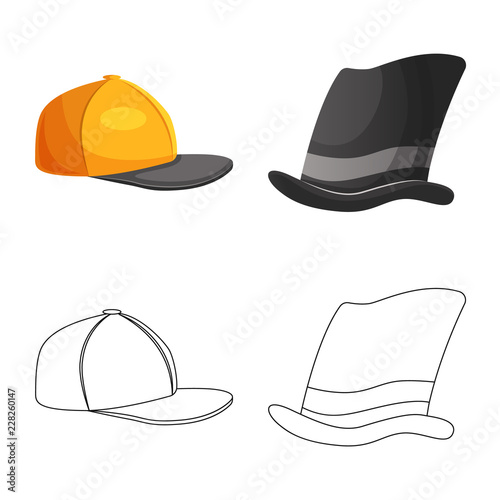 Vector design of headgear and cap symbol. Set of headgear and accessory stock vector illustration.