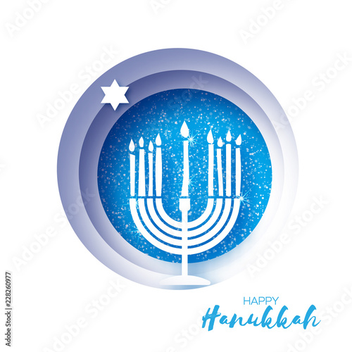 Origami Happy Hanukkah Greeting card on blue. Hanuka jewish illustration. jewish menorah. Hanuka candles symbol in paper cut style. Happy holidays.