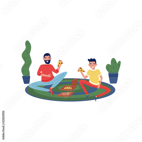 Joyful father and son eating pizza while sitting on carpet at home. Family day. Fatherhood theme. Flat vector design