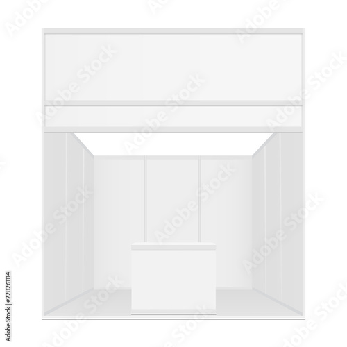 Blank exhibition booth mockup with table and billboard - front view. Vector illustraion
