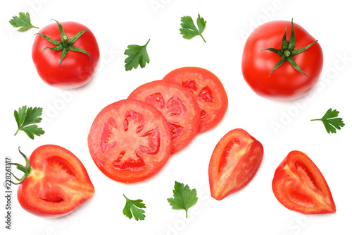 slice of tomato with parsley isolated on white background. top view