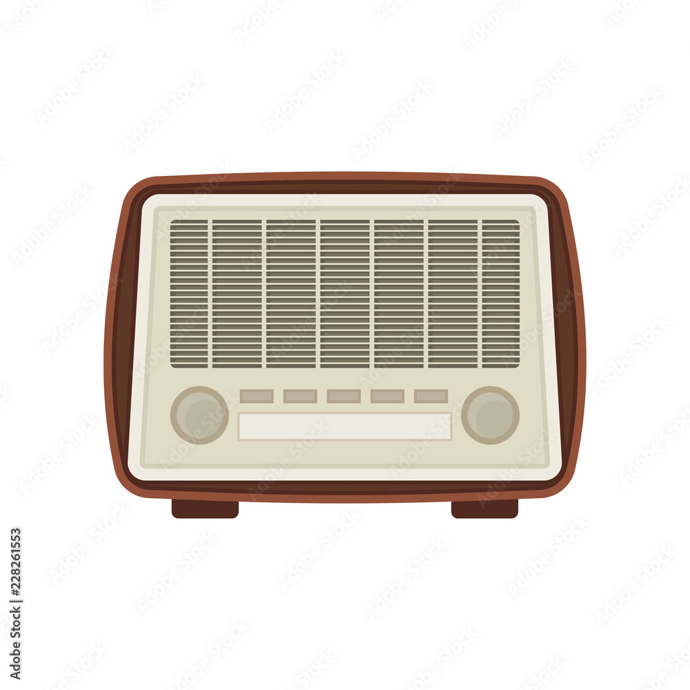 Retro wooden radio with buttons and two settings knobs. Old music player. Vintage device. Flat vector icon Retro wooden radio with buttons and two settings knobs. Old music player. Vintage device. Flat vector icon