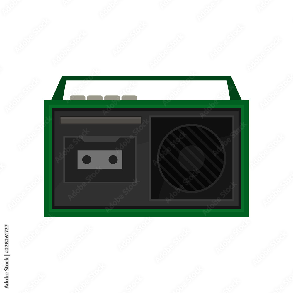 Old portable tape recorder with buttons and handle on top. Vintage green radio. Retro cassette player. Flat vector icon Old portable tape recorder with buttons and handle on top. Vintage green radio. Retro cassette player. Flat vector icon