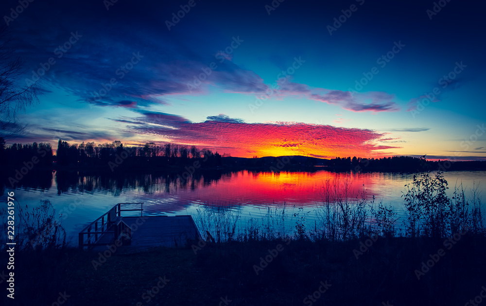Colorful autumn sunset landscape from Sotkamo, Finland.