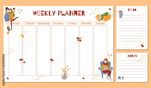 Cute Weekly Planner with autumn hand drawn elements