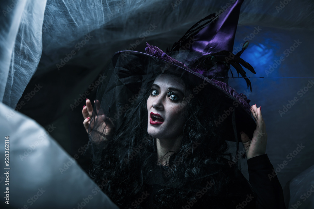 Halloween Witch Beautiful young woman in witches hat and costume Halloween Witch Beautiful young woman in witches hat and costume