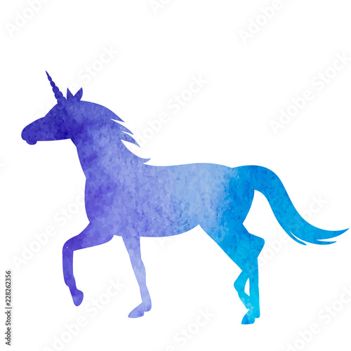 watercolor blue silhouette of a running unicorn