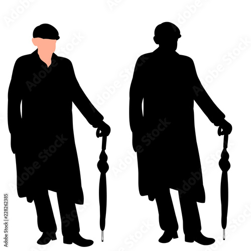 black silhouette man in cap and with umbrella