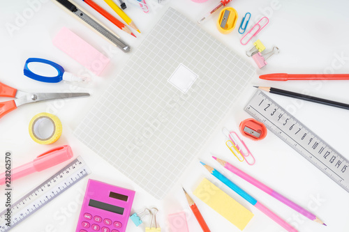 Flat lay top view of many stationery such as pencil eraser notebook scissor for education of student and college when back to school.