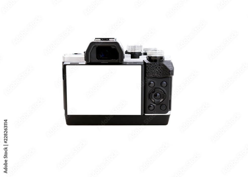 Photo camera with white screen on isolated white