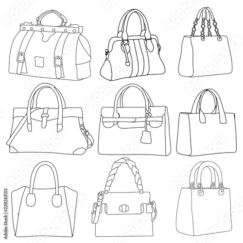 sketch of a hand holding a ladies bag, set