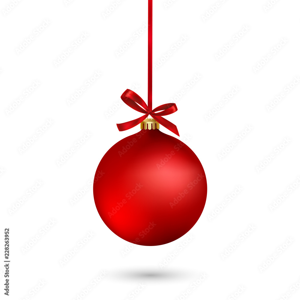 Red Christmas ball with ribbon and bow on white background. Vector illustration. Red Christmas ball with ribbon and bow on white background. Vector illustration.