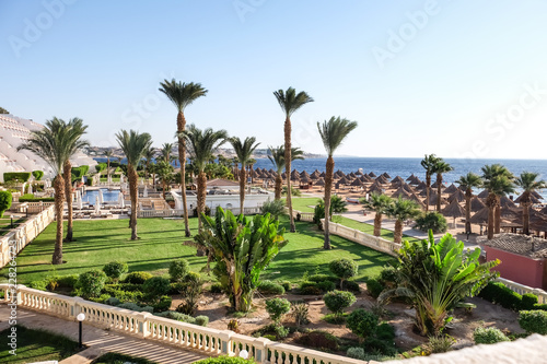View of beach with palms and comfortable sun loungers at resort