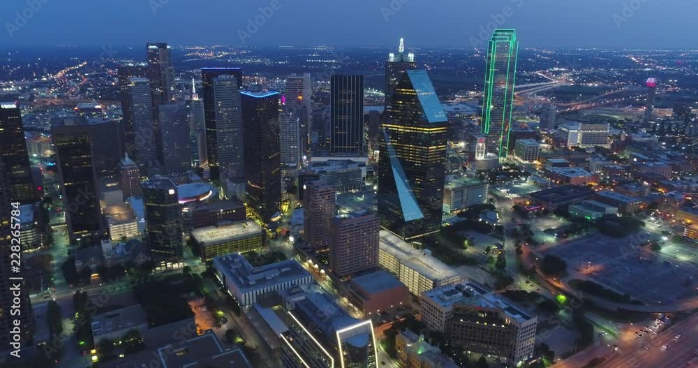 Aerial of Downtown Dallas, Texas at Night