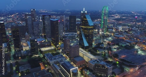 Aerial of Downtown Dallas, Texas at Night