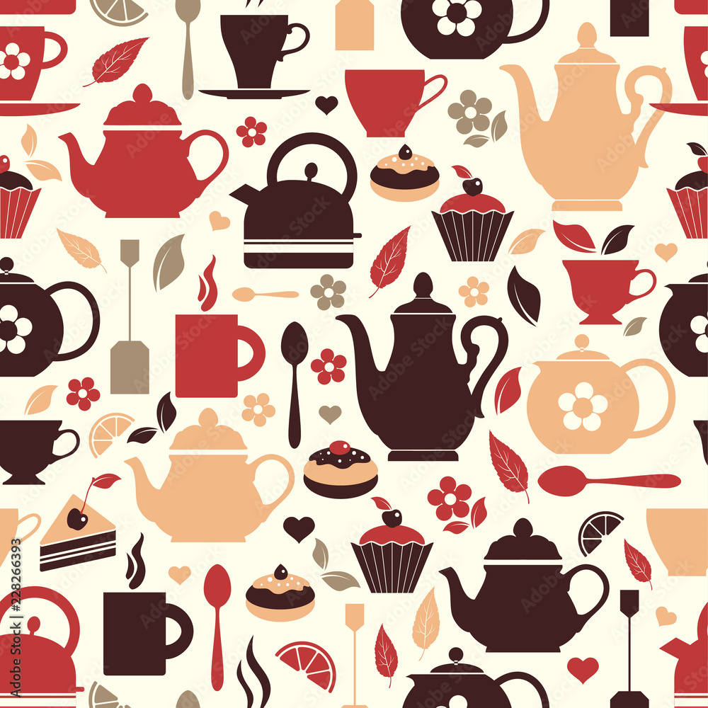 Vector illustration of tea. Seamless pattern of tea symbol.