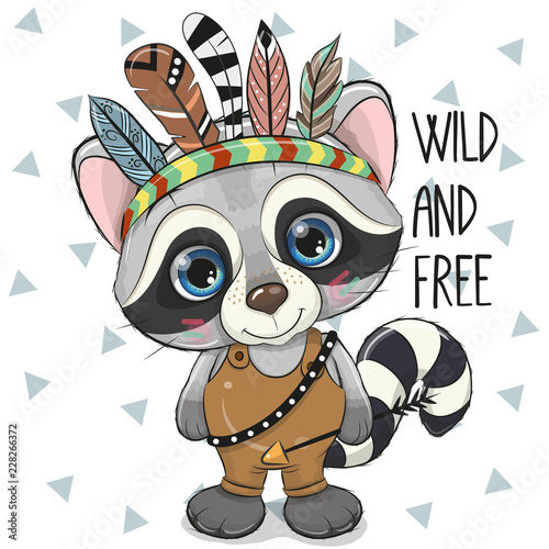 Cute Cartoon tribal Raccoon with feathers