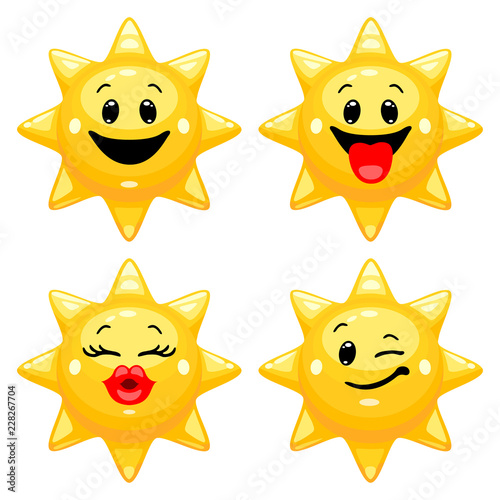 Vector set of sun emoticons. Collection of sun characters with different emotions in cartoon style on white background