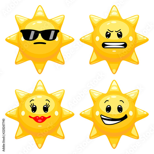 Vector set of sun emoticons. Collection of sun characters with different emotions in cartoon style on white background