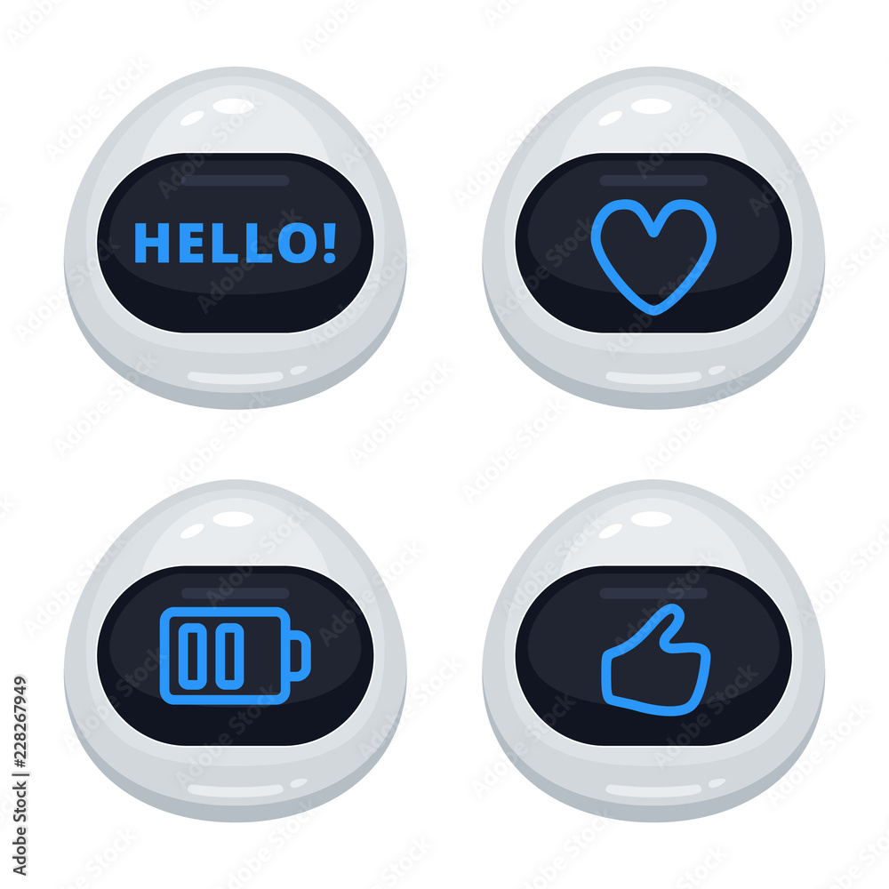 Vector set of robot emoticons. Collection of cyborg characters with different interface messages in cartoon style on white background Vector set of robot emoticons. Collection of cyborg characters with different interface messages in cartoon style on white background