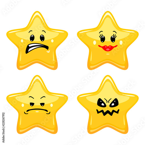 Vector set of star emoticons. Collection of yellow stars with different emotions in cartoon style on white background