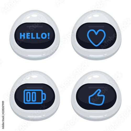 Vector set of robot emoticons. Collection of cyborg characters with different interface messages in cartoon style on white background
