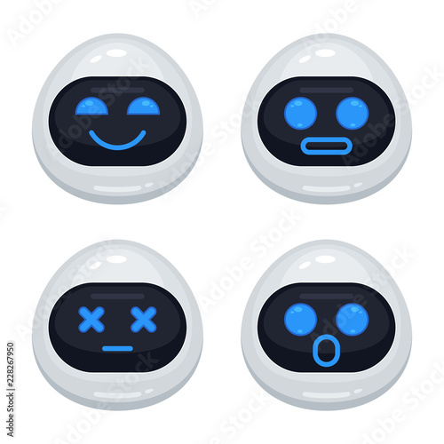 Vector set of robot emoticons. Collection of cyborg characters with different interface messages in cartoon style on white background