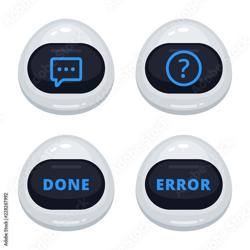 Vector set of robot emoticons. Collection of cyborg characters with different interface messages in cartoon style on white background