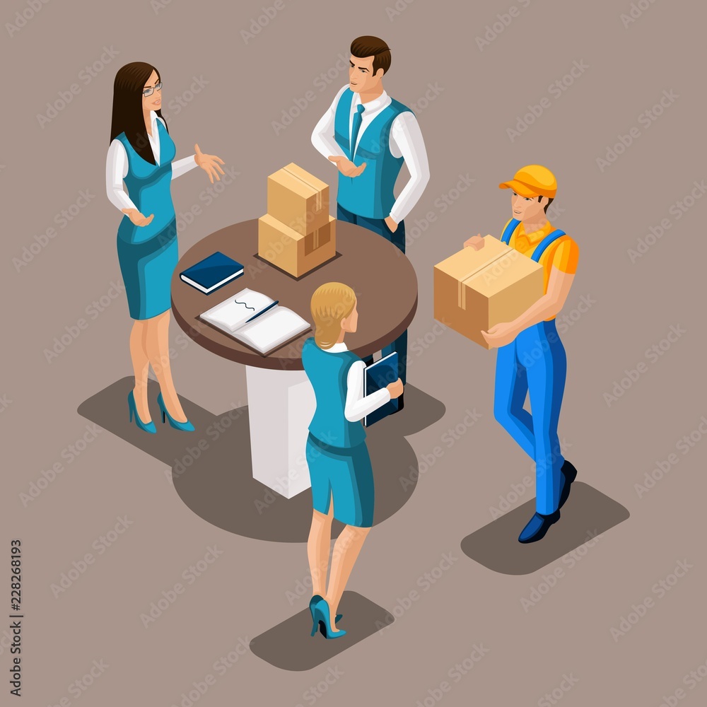 Isometric courier delivered parcel to business woman in office, bank staff examine box, vector illustration Isometric courier delivered parcel to business woman in office, bank staff examine box, vector illustration