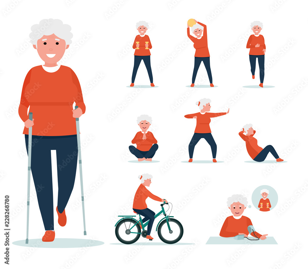 Elderly woman is doing exercises on sport playground in the Park. Active sport concept set. Cartoon flat style illustration on white background.