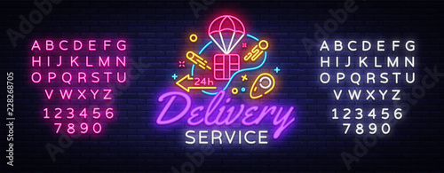 Delivery Service Neon Logo Vector. Fast delivery neon sign, design template, modern trend design, night neon signboard, night bright advertising, light banner. Vector. Editing text neon sign
