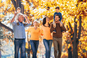 Multl generation family in autumn park having fun