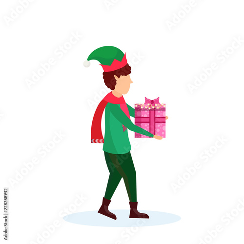 christmas boy carry gift box elf santa helper concept flat full length male cartoon character isolated vector illustration