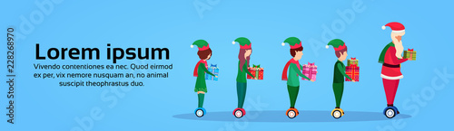 santa claus elf helper team ride electric scooter new year merry christmas concept full length profile horizontal banner copy space vector illustration