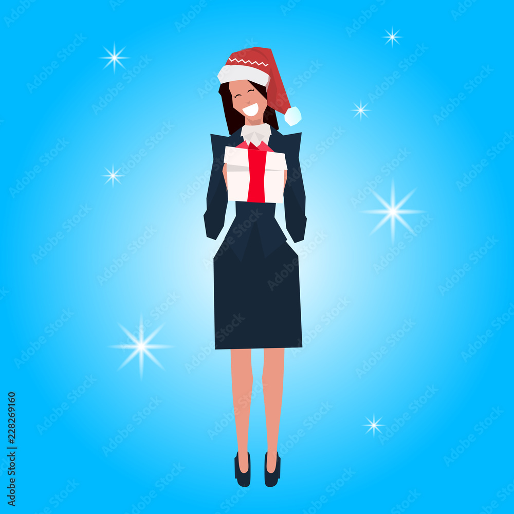 brunette businesswoman wearing red hat hold gift box happy new year merry christmas concept flat female cartoon character blue background full length copy space vector illustration brunette businesswoman wearing red hat hold gift box happy new year merry christmas concept flat female cartoon character blue background full length copy space vector illustration