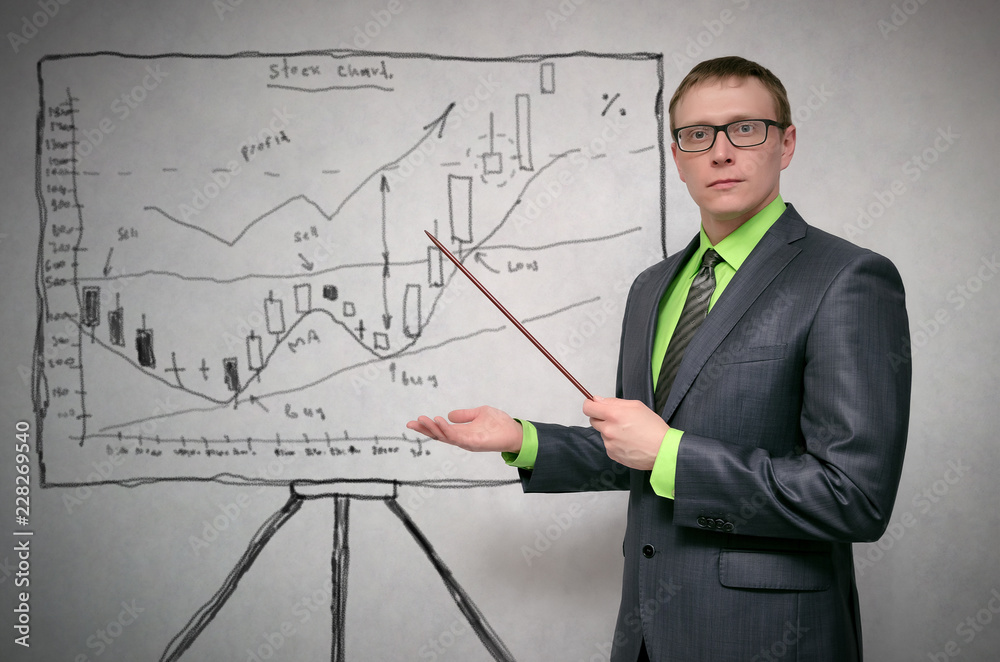 Stock trader is showing on the presentation board with growing graph of stock quotes. Technical analysis concept... Stock trader is showing on the presentation board with growing graph of stock quotes. Technical analysis concept...