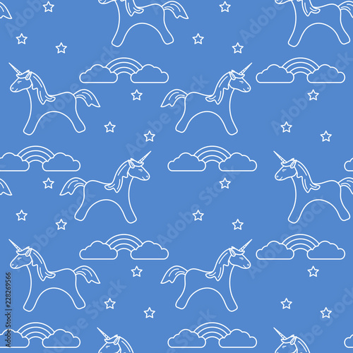 Pattern with magic unicorn, stars, clouds, rainbow