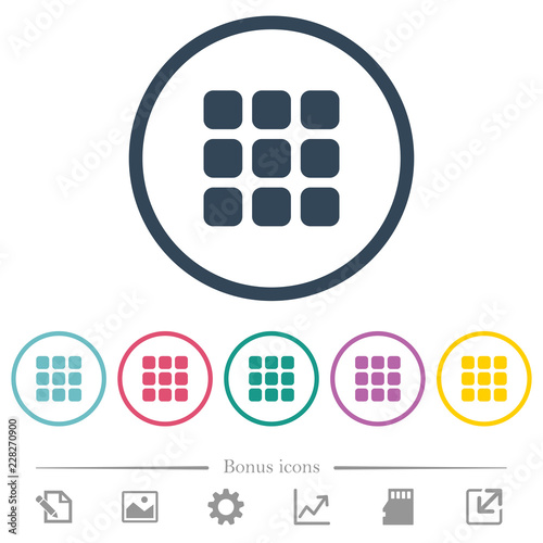 Small thumbnail view mode flat color icons in round outlines