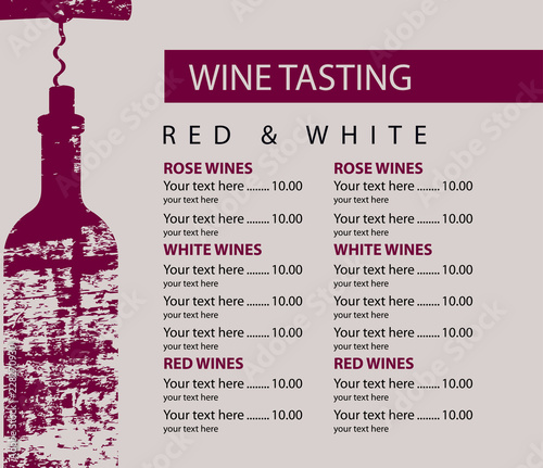Vector menu for wine tasting with price list and bottle with corkscrew with wooden board texture on beige background