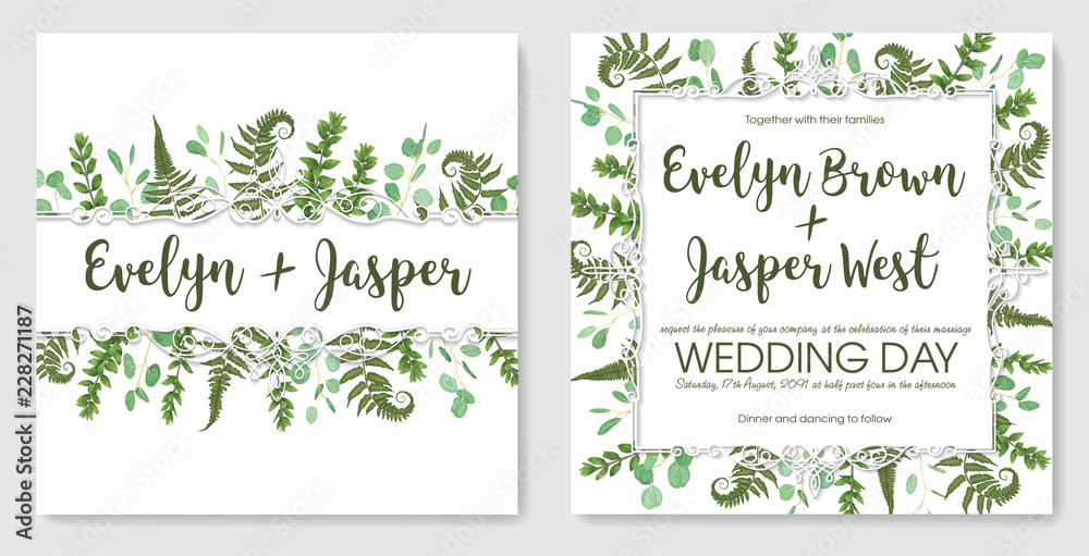 set for wedding invitation, greeting card, save date, banner. Vintage frame with green fern leaf, boxwood and eucalyptus sprigs isolated on white background