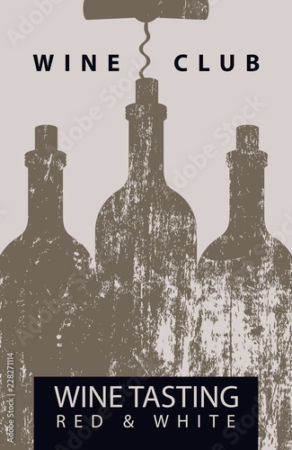 Vector wine tasting for wine club patterned bottles with corkscrew with wooden board texture on beige background
