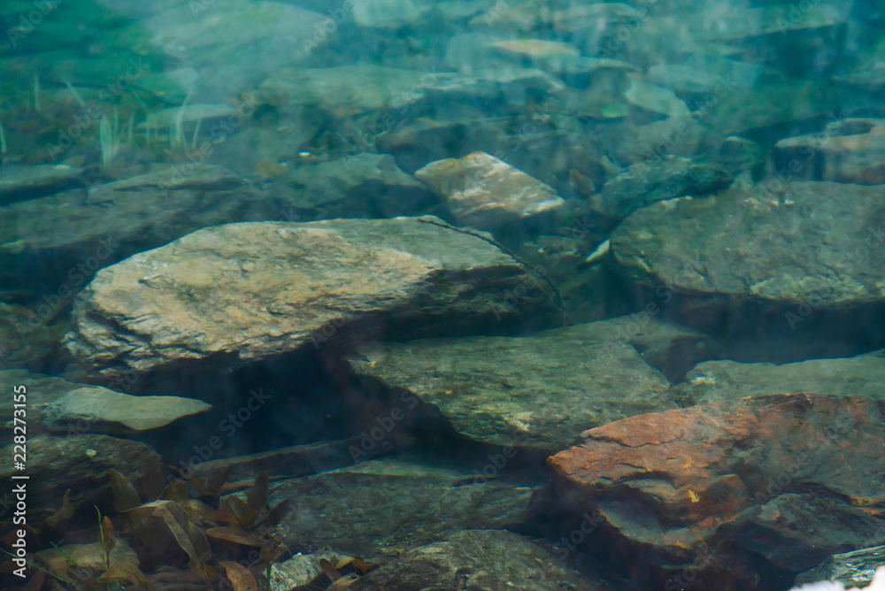 Boulders and plants on bottom of mountain lake with clean water close-up. Mountains reflected on smooth water surface. Background with underwater vegetation.