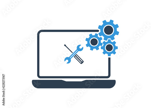 Laptop with wrench and screwdriver on screen. Computer repair service, technical support. Flat design. Vector illustration